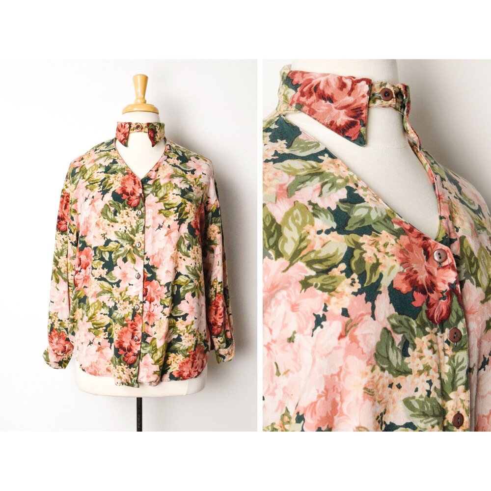 1980s Floral Blouse Size XL 80s Keyhole Neckline Rayon Blouse Collared Shirt